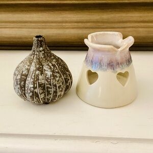 Studio Pottery lot of 2 Purple Tone heart candle Holder Bud Vase gift set decor